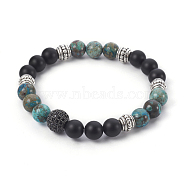 Natural Ocean Jasper and Natural Black Agate(Dyed) Beads Stretch Bracelets, with Brass Cubic Zirconia Beads and Alloy Beads, 2-3/8 inch(6cm)(BJEW-JB04005-04)