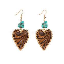 Alloy & Synthetic Turquoise Dangle Earrings, with Leather, Heart, Golden, Peru, 70x30mm(WGDD144-03)