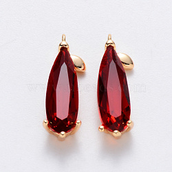 Brass Cubic Zirconia Pendants, Nickel Free, Teardrop, Real 18K Gold Plated, Red, 18x5.5x4mm, Hole: 1mm(T049-038G-01-NF)