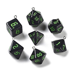 7Pcs 7 Styles Opaque Resin Polyhedral Dice Pendants Set, Multi-Sided Dice Charms with Platinum Plated Iron Loops, Mixed Shapes, Green, Black, 20~28x19~24x17~24mm, Hole: 2mm, 1pc/style(RESI-A029-01B)