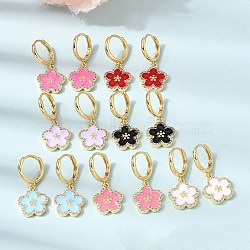 Brass Micro Pave Clear Cubic Zirconia Enamel Hoop Dangle Earrings, Flower, Rack Plating, Long-Lasting Plated, Cadmium Free & Lead Free, Real 18K Gold Plated, Mixed Color, 29.5x13.5mm(EJEW-G471-07G)