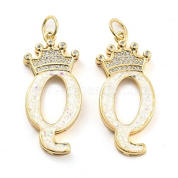 Brass Micro Pave Clear Cubic Zirconia Pendants, with Synthetic Opal, Real 18K Gold Plated, with Jump Ring, Letter Q, 26.5~33x14~23.5x3.5~4.5mm, Hole: 4.5mm(KK-G498-01Q-02)