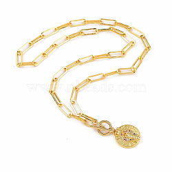 Brass Micro Pave Cubic Zirconia Pendant Necklaces, with Brass Paperclip Chains and 304 Stainless Steel Toggle Clasps, Flat Round with Snake Crown, Golden, 20.47 inch(52cm)(NJEW-JN02943)