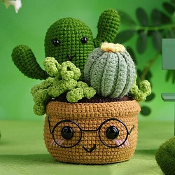 DIY Cactus Planter Display Decoration Knitting Kits for Beginners, Include Cotton Filler, Crochet Hooks, Polyester Yarn, Craft Eye, Crochet Needle, Stitch Markers, Instrction, Green, 12x17cm(PW-WG36438-05)