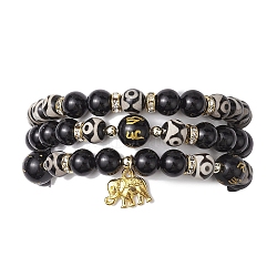 3Pcs 3 Styles 8mm Round Natural Tibetan 3-Eye dZi Agate & Eyeless Obsidian Beaded Stretch Bracelet Sets, Golden Tone Elephant Alloy Charm Stackable Bracelets for Women Men, Black, Inner Diameter: 2-1/8 inch(5.5cm), 1pc/style(BJEW-JB10336)