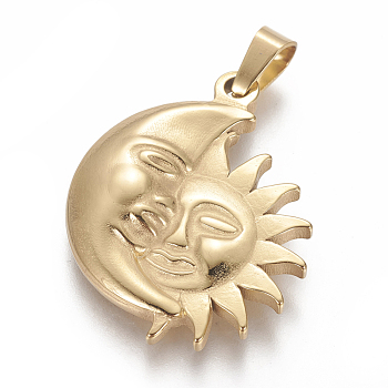 304 Stainless Steel Pendants, Sun with Moon, Golden, 32x26x3mm, Hole: 4x6mm