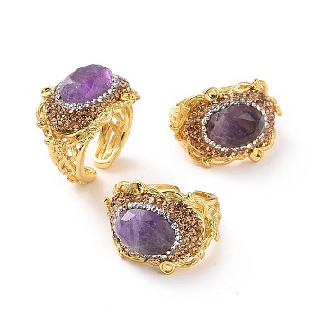 Natural Amethyst Oval Open Cuff Ring with Rhinestone, Golden Brass Wide Ring for Women, Inner Diameter: US Size 7 1/4(17.5mm)