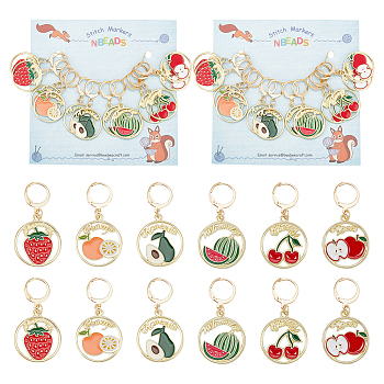 Alloy Enamel Round Ring with Fruit Pendant Locking Stitch Markers, 304 Stainless Steel Clasps Stitch Marker, Mixed Color, 4.1cm, 6 style, 2pcs/style, 12pcs/set