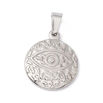 Non-Tarnish 304 Stainless Steel Pendants, Textured, Flat Round with Eye, Stainless Steel Color, 23x19x3mm, Hole: 6.5x3mm