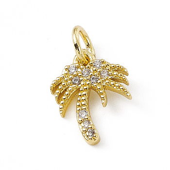 Brass Micro Pave Cubic Zirconia Charms, with Jump Ring, Coconut Tree Charm, Real 18K Gold Plated, 12x9x1.5mm, Hole: 3mm