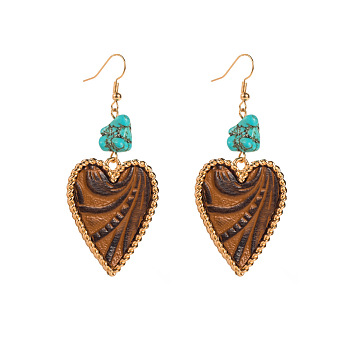 Alloy & Synthetic Turquoise Dangle Earrings, with Leather, Heart, Golden, Peru, 70x30mm