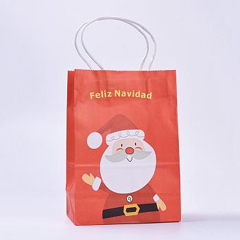 kraft Paper Bags, with Handles, Gift Bags, Shopping Bags, For Christmas Party Bags, Rectangle, Orange Red, 21x15x8cm