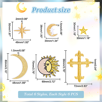 36Pcs 6 Styles Star/Moon/Cross Computerized Embroidery Cloth Iron on/Sew on Patches, Appliques, Costume Accessories, Mixed Color, 30~96x30~72x1~2mm, 6pcs/style