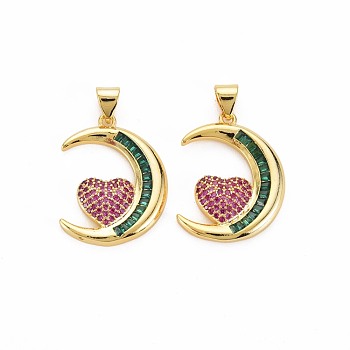 Brass Micro Pave Orchid & Green Cubic Zirconia Pendants, Nickel Free, Moon with Heart, Real 18K Gold Plated, 23x18x3mm, Hole: 3x4.5mm