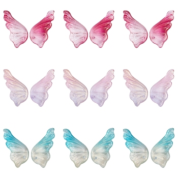 Transparent Spray Painted Glass Pendants, with Glitter Powder, Butterfly Wings, Mixed Color, 24x12.5x4mm, Hole: 1.4mm, 3 Colors, 30pcs/color, 90pcs/box