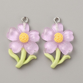 Translucent Resin Pendants, Glitter Flower Charms with Platinum Plated Iron Loops, Lilac, 30x19x5.5mm, Hole: 1.5mm