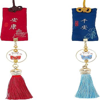 Olycraft 2Pcs 2 Colors Brocade Blessing Bag Pendant Decorations, with Tassel, Porcelain Lucky Cat, Mixed Color, 190x33x15.5mm, 1pc/color