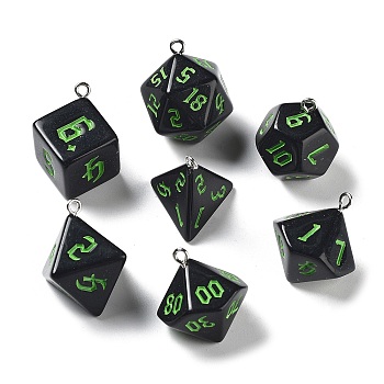 7Pcs 7 Styles Opaque Resin Polyhedral Dice Pendants Set, Multi-Sided Dice Charms with Platinum Plated Iron Loops, Mixed Shapes, Green, Black, 20~28x19~24x17~24mm, Hole: 2mm, 1pc/style