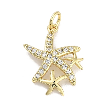 Rack Plating Brass Clear Cubic Zirconia Pendants, with Jump Ring, Long-Lasting Plated, Lead Free & Cadmium Free, Starfish, Real 18K Gold Plated, 19x15x4mm, Hole: 3mm