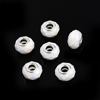 Glass European Beads, Large Hole Beads, with Brass Cores, AB Color Plated, Faceted, Rondelle, White, 13.5~14x9~9.5mm, Hole: 5mm