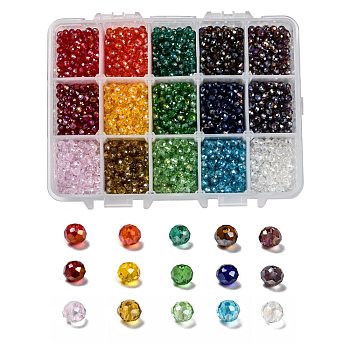 15 Colors Electroplate Glass Beads, AB Color Plated, Faceted, Rondelle, Mixed Color, 4x3mm, Hole: 0.4mm, 15 colors, 200pcs/color, 3000pcs/box