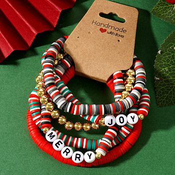 6Pcs Christmas Polymer Clay Heishi Beads Stretch Bracelets for Women, Mixed Color, Inner Diameter: 6-7/8 inch(17.5cm)