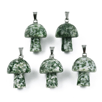 Natural Green Spot Jasper Pendants, with Stainless Steel Snap On Bails, Mushroom Shaped, 24~25x16mm, Hole: 5x3mm