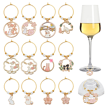 Easter Theme Alloy Enamel & Rhinestone & Resin Wine Glass Charms, with Brass Hoop Earring Findings and Glass Seed Bead, Rabbit/Cat/Flower, Mixed Color, 47~59mm, 12 style, 2pcs/style, 24pcs/set