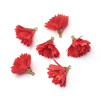 Alloy Pendant, with Silk, Flower, Golden, Crimson, 29~31x34~36mm, Hole: 1.8mm