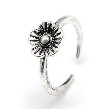 Adjustable Alloy Cuff Finger Rings, Flower4, Antique Silver, US Size 4 1/4(15mm)