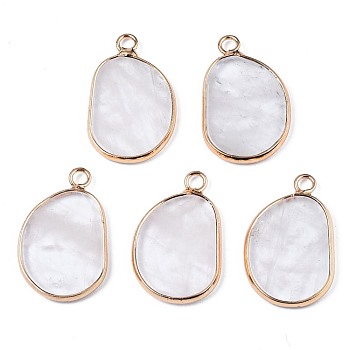 Natural Quartz Crystal Pendants, Rock Crystal Pendants, with Golden Plated Brass Edge and Loop, Bean, 25.5x16x2mm, Hole: 2.5mm