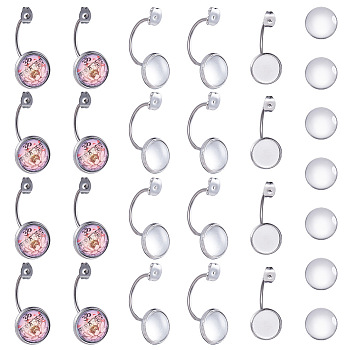 DIY Earring Makings, with 304 Stainless Steel Ear Nuts, Earring Backs and Transparent Glass Cabochons, Flat Round, Stainless Steel Color, Tray: 12mm, 29.5x14x17mm, Hole: 0.8mm, 11.5~12x4mm