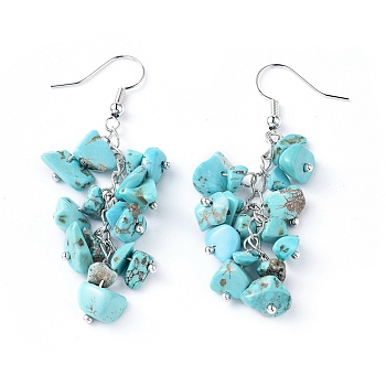 Dangle Earrings, Cluster Earrings, with Synthetic Turquoise Chips and Platinum Plated Brass Earring Hooks, 60~63mm, Pin: 0.5mm