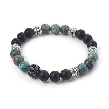 Natural Ocean Jasper and Natural Black Agate(Dyed) Beads Stretch Bracelets, with Brass Cubic Zirconia Beads and Alloy Beads, 2-3/8 inch(6cm)