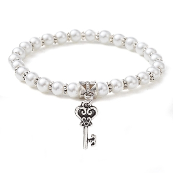 Glass Pearl Beaded Stretch Bracelets, with Alloy Charms, Key, Inner Diameter: 2-1/2 inch(6.2cm), Pendant: 21x9mm