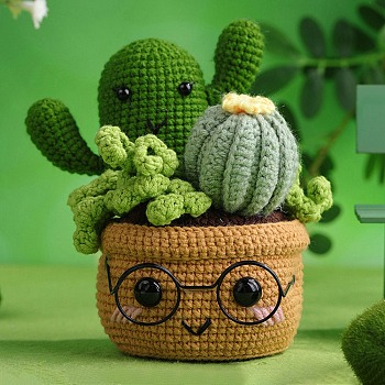 DIY Cactus Planter Display Decoration Knitting Kits for Beginners, Include Cotton Filler, Crochet Hooks, Polyester Yarn, Craft Eye, Crochet Needle, Stitch Markers, Instrction, Green, 12x17cm