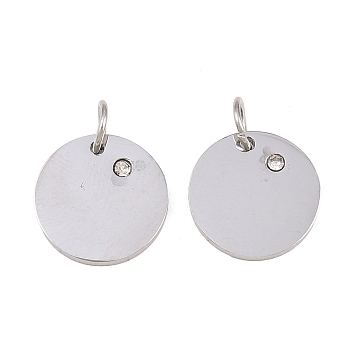316 Surgical Stainless Steel Pendants, with Cubic Zirconia, Flat Round, Clear, Stainless Steel Color, 12x2mm, Hole: 3mm