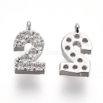 Brass Micro Pave Clear Cubic Zirconia Charms, Number, Platinum, Num.2, 9.5~10x4~6.5x2mm, Hole: 0.8mm(ZIRC-L075-60A-02P)