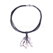 Waxed Cord Lariat Necklaces, with Pearl and Brass Magnetic Clasps, Black, 19.3 inch~19.7 inch(49~50cm)(NJEW-L169-01B)
