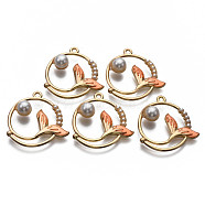 Alloy Enamel Pendants, Light Gold, with ABS Plastic Imitation Pearl, Cadmium Free & Nickel Free & Lead Free, Ring with Whale Tail, Coral, 30.5x29x7.5mm, Hole: 1.8mm(ENAM-T011-92B-NR)