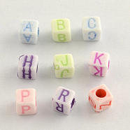 Colorful Craft Style Acrylic Beads, Horizontal Hole, Cube with Letter, Mixed Color, 5x5x5mm, Hole: 2.5mm, about 3700pcs/500g(MACR-Q153-M001)