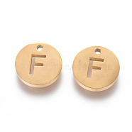 304 Stainless Steel Charms, Ion Plating (IP), Flat Round, Letter.F, 10x1.5mm, Hole: 1mm(STAS-F227-11F-G)