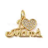 Mother's Day Heart with Word I Love Mama Charms, Rack Plating Brass Micro Pave Clear Cubic Zirconia Pendants, with Jump Ring, Cadmium Free & Lead Free, Long-Lasting Plated, Real 18K Gold Plated, 12.5x20.5x1.5mm, Hole: 3.4mm(KK-A200-14G)
