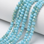 Electroplate Opaque Glass Beads Strands, Half Rainbow Plated, Faceted, Rondelle, Cyan, 3x2mm, Hole: 0.8mm, about 165~169pcs/strand, 15~16 inch(38~40cm)(EGLA-A034-P2mm-H09)