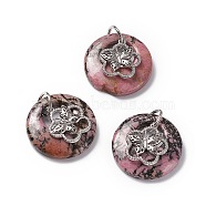 Natural Rhodonite Pendants, Flat Round Charms, with Platinum Tone Brass Flower with Butterfly Findings, Cadmium Free & Nickel Free & Lead Free, 30~35x28~32x10~10.5mm, Hole: 2mm(G-P484-01P-06)