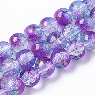 Transparent Spray Painted Crackle Glass Bead Strands, with Golden Foil, Round, Medium Orchid, 8~9mm, Hole: 1.2~1.5mm, about 46~56pcs/Strand, 14.37 inch~16.3 inch(36.5~41.4cm)(X-GLAA-N035-03C-A03)