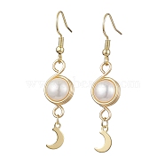 Natural Cultured Freshwater Pearl Dangle Earrings, Stainless Steel with Brass Charms, Moon, 50x10.5mm(EJEW-JE05738-03)