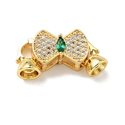 Rack Plating Brass Micro Pave Clear & Green Cubic Zirconia Fold Over Clasps, Cadmium Free & Lead Free, Long-Lasting Plated, Bowknot, Golden, Bowknot: 10x15.5mm, Clasp: 11x7mm, Inner Diameter: 4.1mm(KK-E034-33G)