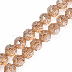 Electroplate Transparent Glass Bead Strands, Faceted, Round, BurlyWood, 12x11mm, Hole: 1.2mm, about 50pcs/strand, 22.05 inch(56cm)(EGLA-N002-34A-F01)