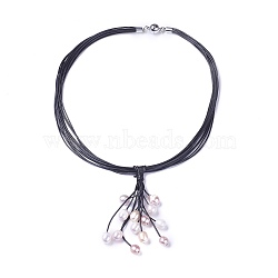 Waxed Cord Lariat Necklaces, with Pearl and Brass Magnetic Clasps, Black, 19.3 inches~19.7 inches(49~50cm)(NJEW-L169-01B)